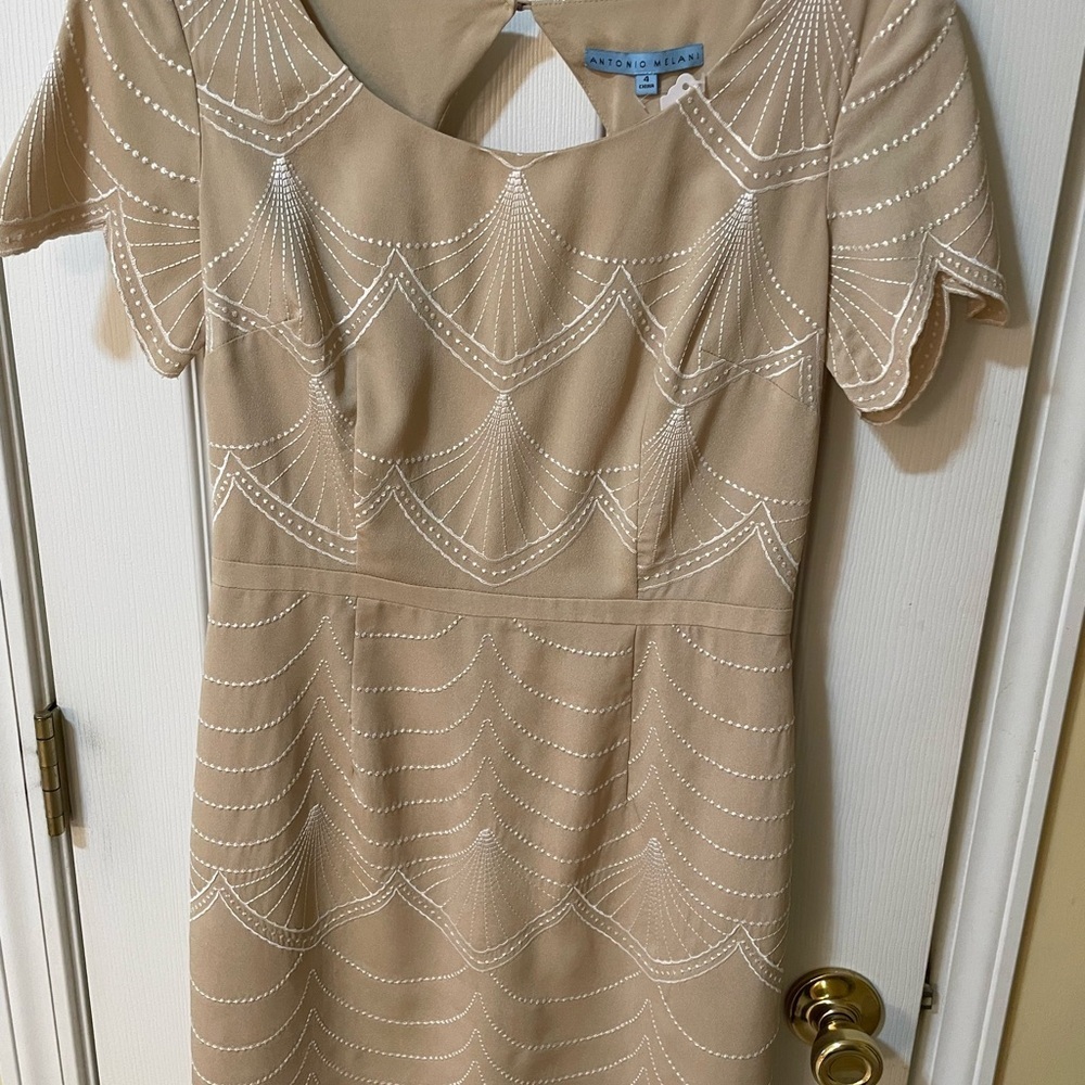 Antonio Melani Size 4 Beige/Tan Embroidered Sheath Dress